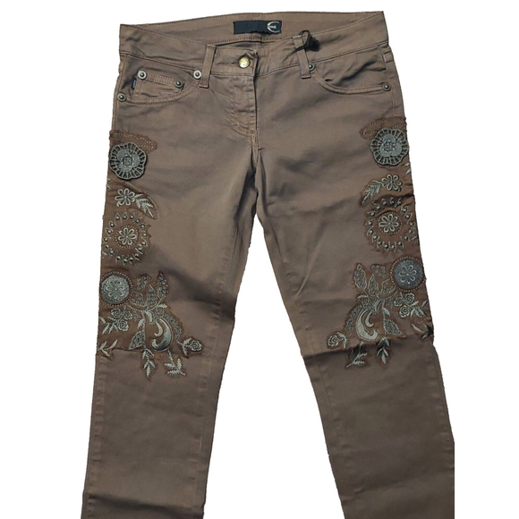 Just Cavalli Black Diamond Floral Brown Denim Slim Cropped Jeans Sz 26 NWT - Picture 7 of 16